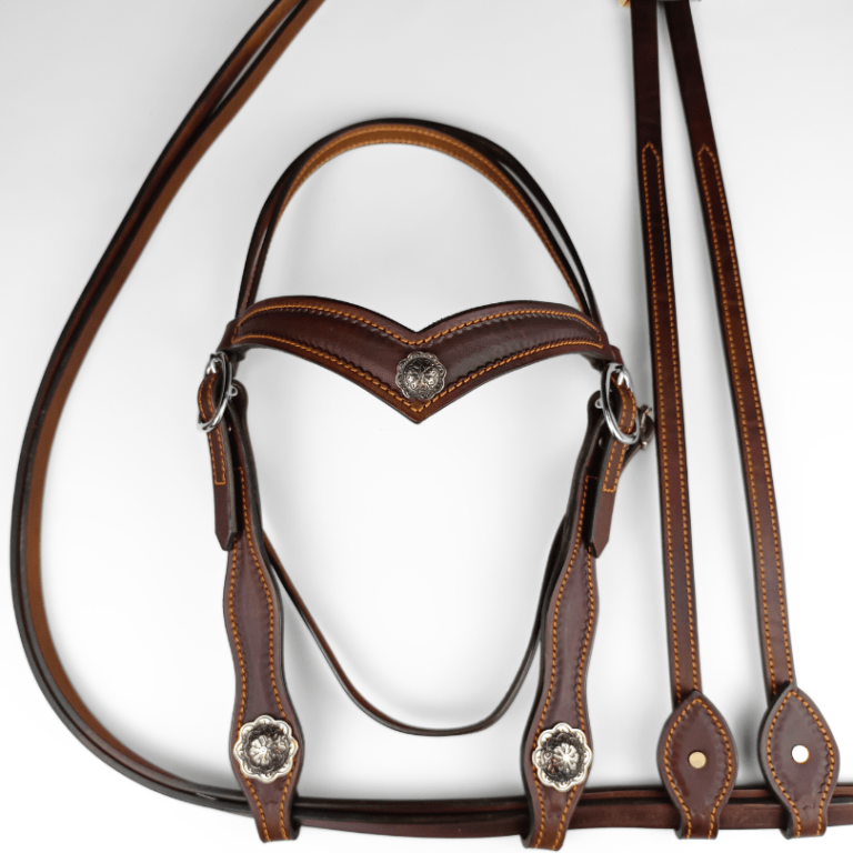 Copricapo Anatomico Show Bridle & Redini In Pelle Marrone Completo X-Full - Benz Equestrian